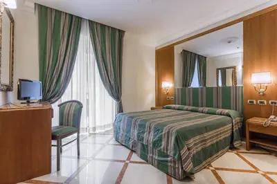 a hotel room with a bed and a desk and a television at Raeli Hotel Regio in Rome