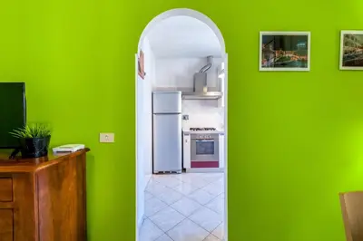 a kitchen with a refrigerator and a green wall at Apartment Angelo Emo 69 in Rome