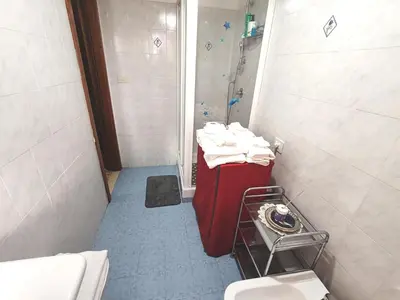 a bathroom with a shower and a red suitcase at In the Heart of Rome in Rome
