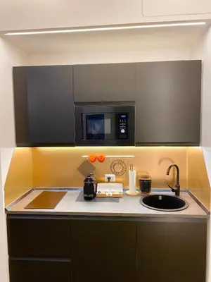 a kitchen with a sink and a microwave at La Maison, vicino al Colosseo! in Rome