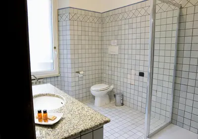 a bathroom with a toilet and a sink and a shower at GH Colosseum in Rome