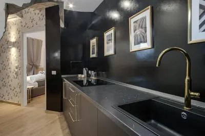 a kitchen with a sink and a black wall at Giolitti Suite in Rome