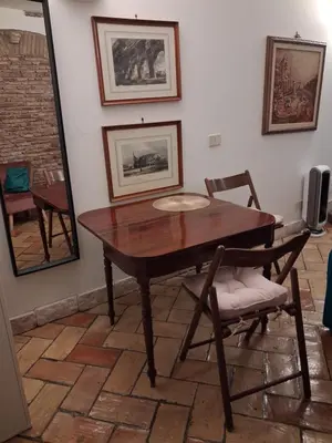 a wooden table and chairs in a living room at Domus next Campo de'Fiori with thermal shower in Rome