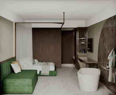 a bedroom with a bed and a tub in a room at Horti 14 Borgo Trastevere Hotel in Rome