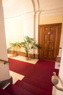 a hallway with a red carpet and a door and plants at Domus RomAntica in Rome