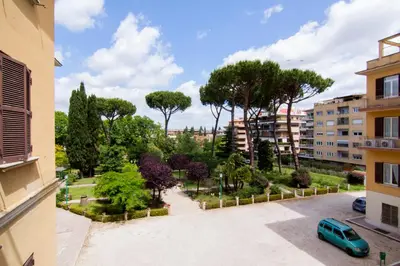 a view of a park from a building at Ostello Villa Monte Mario in Rome