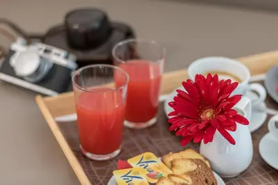 a tray with three glasses of juice and a red flower at OTTO Rooms & Photogallery in Rome
