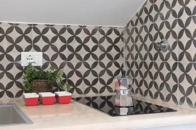 a kitchen with a black and white patterned wall at Quiet pied a terre with terrace in Borgo Pio in Rome