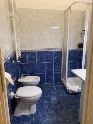 a blue tiled bathroom with a toilet and a shower at Domus Prati in Rome