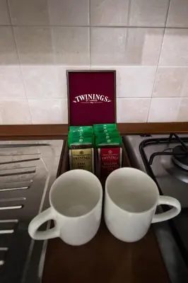 two cups sitting on a counter next to a stove at Asher's House Colosseum in Rome