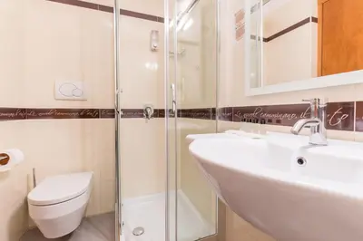 a bathroom with a toilet and a sink and a shower at Hotel Trastevere in Rome
