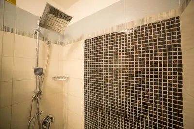a bathroom with a shower with black tiles at All Seasons in Rome