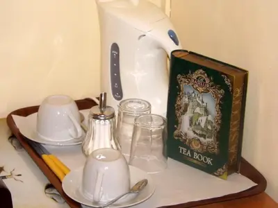 a tea kettle and dishes on a tray with a tea book at Tibullo Guesthouse in Rome