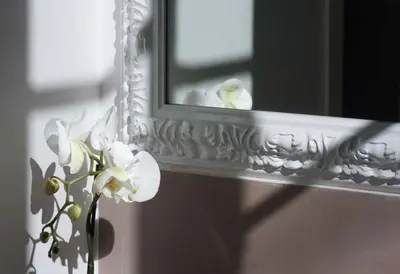 a vase with white flowers in front of a mirror at Imperia Suite in Rome