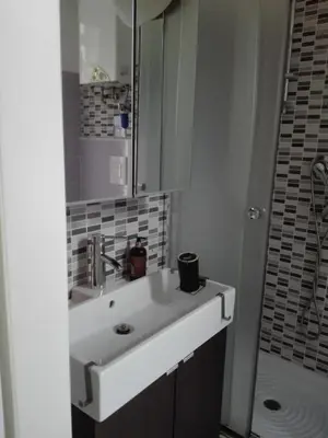 a white bathroom with a sink and a shower at Liudan&rooms Affittacamere in Rome