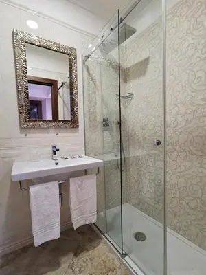 a bathroom with a shower and a sink and a mirror at Hotel Valentino Palace in Rome