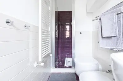 a white bathroom with a toilet and a shower at Lambertone, cozy flat in Rome, Aurelio Vatican in Rome