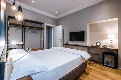 a bedroom with a large bed and a tv at Giselda Home in Rome