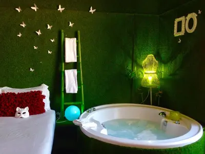 a green bathroom with a tub in the corner at Jacuzzi Rooms in Rome