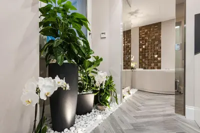 a hallway with plants in black vases and rocks at LuMa Suite Via Veneto - Your luxury style 22 in Rome