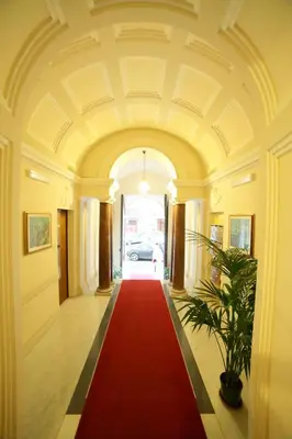 a large hallway with a red carpet and a red walkway at Hotel Giugiù in Rome