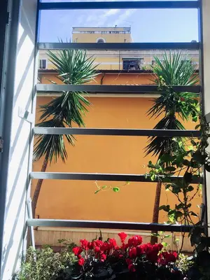 a window view of a building with palm trees and flowers at Paola Guest House in Rome