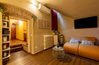 a living room with a couch and a television at ROMAC Coronari with gym, sauna and garden in Rome