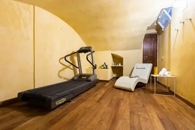 a gym with a treadmill and a chair in a room at ROMAC Coronari with gym, sauna and garden in Rome