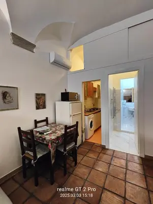a dining room with a table and chairs and a kitchen at NAVONA & CASTEL SANT'ANGELO WHOLE HOLIDAY APARTMENT da PAMINO & PRISCILLA in Rome