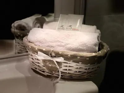 a basket of towels sitting on top of a sink at Saint Peter Inn in Rome
