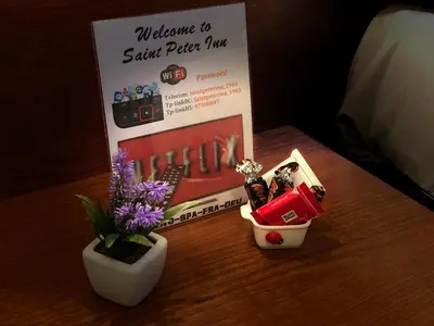 a book and two miniature houses and flowers on a table at Saint Peter Inn in Rome