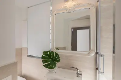 a bathroom with a sink and a mirror and a plant at Downtown_Blossom with small terrace in Rome
