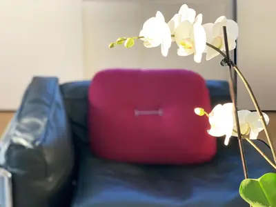 a red suitcase sitting on a couch with a flower at Casa Terrazza Colosseo in Rome