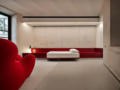 a bedroom with a bed and a red couch at Rhinoceros in Rome