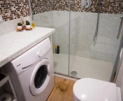 a washing machine in a bathroom with a shower at La 