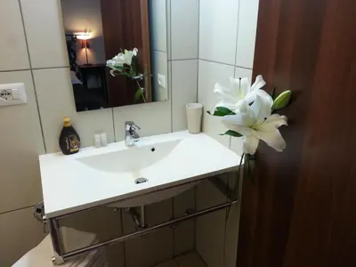 a bathroom sink with a mirror and a flower on it at San Lorenzo Rooms in Rome