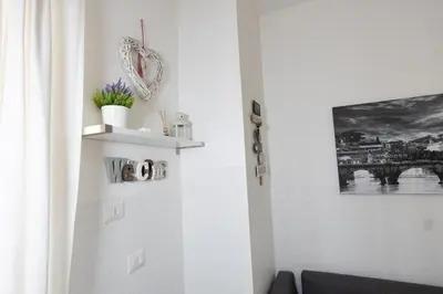 a bathroom with white walls and a shelf with plants at Nicla's Home in Rome
