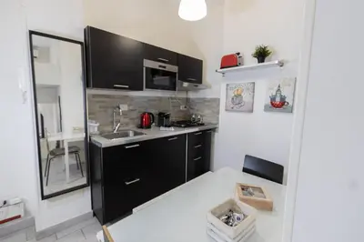 a small kitchen with black cabinets and a sink at Nicla's Home in Rome
