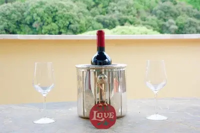 a bottle of wine in a can with two wine glasses at La Terrazza di Isabel in Rome