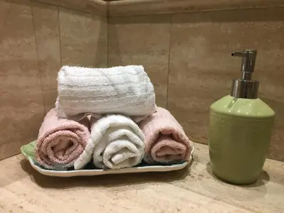 a plate with towels and a bottle of soap at La Terrazza di Isabel in Rome