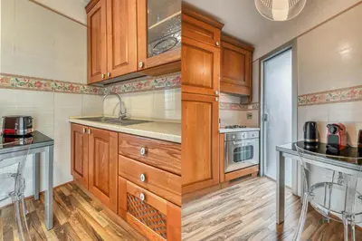 two pictures of a kitchen with wooden cabinets at ATRHOME penthouse Frattina in Rome