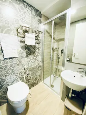 a bathroom with a shower and a toilet and a sink at Tawhid Accomodation in Rome
