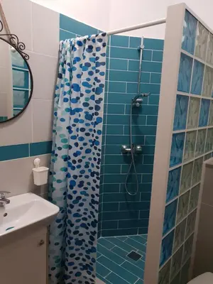 a bathroom with a shower with blue tile at 550 Special home in Rome