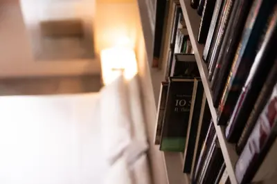 a book shelf filled with books in a room at Luxury on the River in Rome