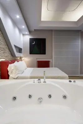 a bathroom with a bath tub and a bed at Luxury on the River in Rome