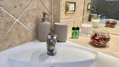 a bathroom sink with a soap dispenser on a counter at Karma House Deluxe Navona in Rome