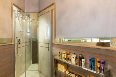a bathroom with a shower and a shelf with alcohol bottles at Palm Suites - Small Luxury Hotels of the World in Rome