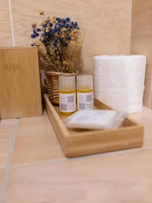 a wooden tray with two bottles of moisturizers and toilet paper at Romerooms Cola di Rienzo in Rome