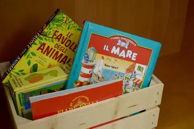 three books sitting in a wooden crate at Oasi Del Vaticano in Rome