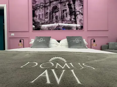 a bedroom with a pink wall with a bed with the words dontaxax at Domus Avi Vaticano in Rome